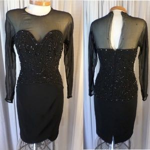 Vintage Lady 6 Black Dress Beads Sheer Shoulder S